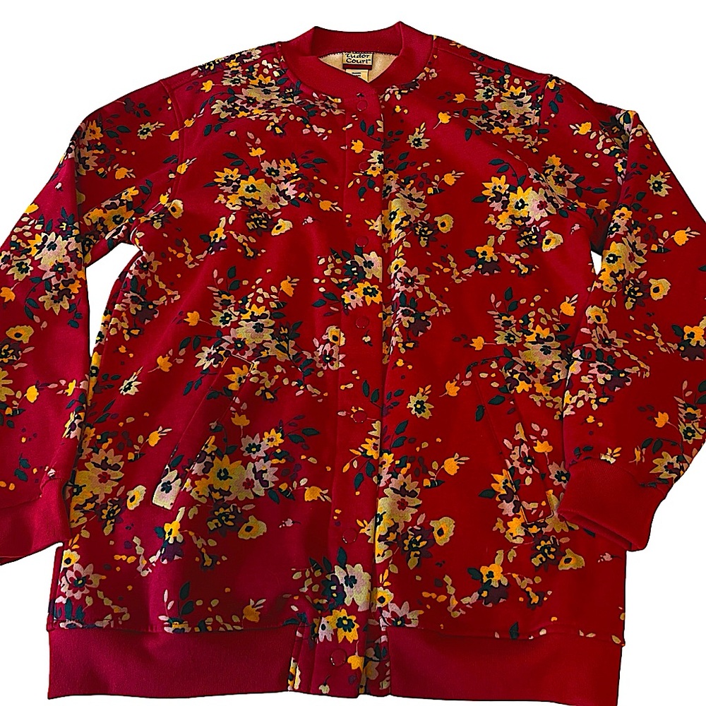 Tudor Court Vintage D72 Red and Floral Snap Soft‎ Sweatshirt Jacket Size Small